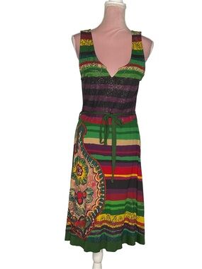 Desigual Boho Multicolor Striped Paisley Tie-Waist Midi Dress